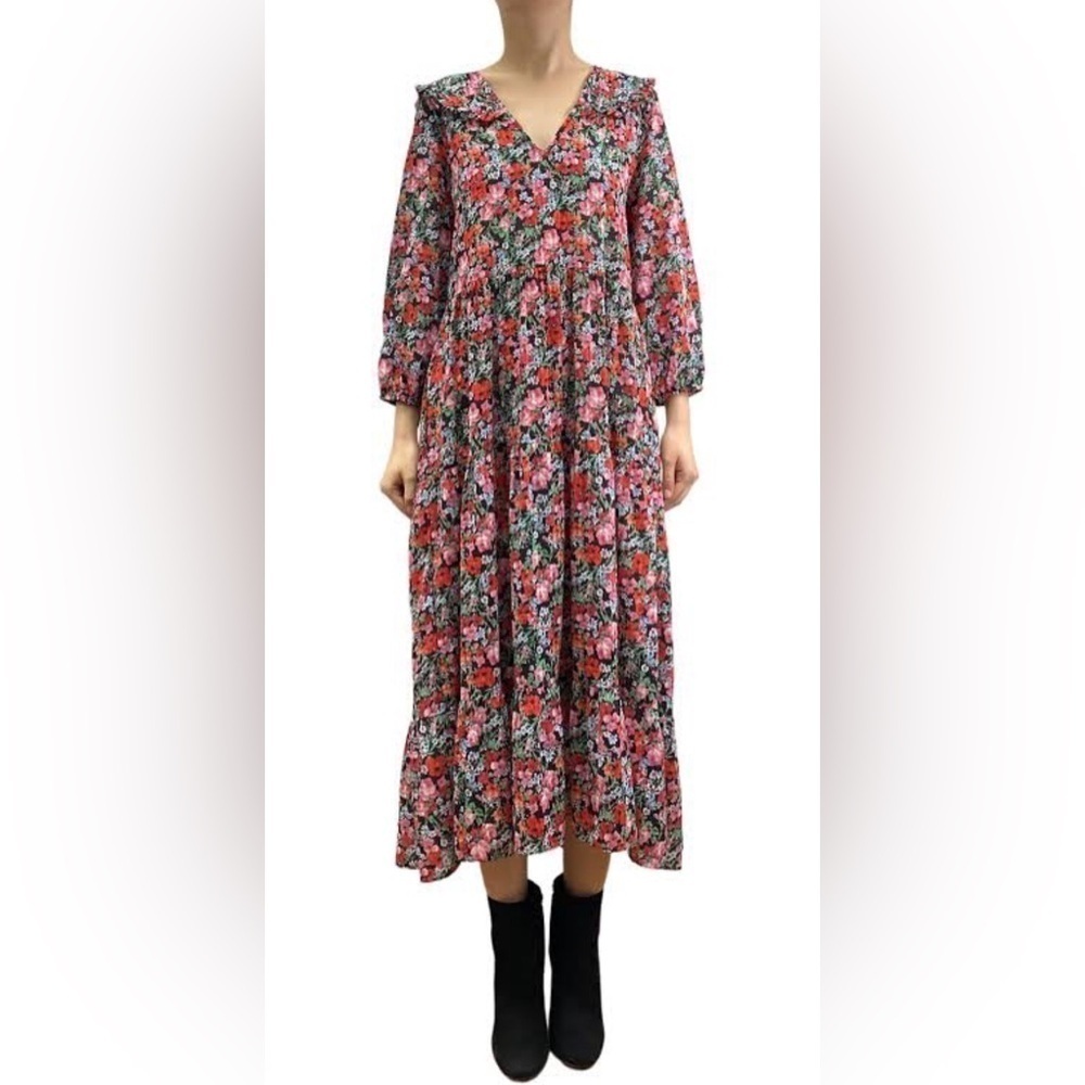 Zara Women’s V-Neck Floral Print Multi Sheer Tiered Maxi Dress Sz XS